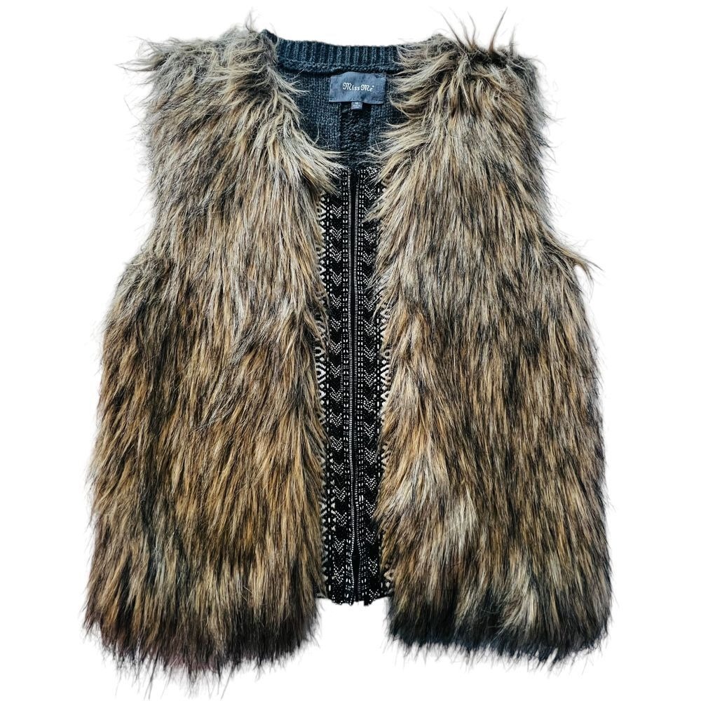 Miss Me Faux Fur Sweater Vest Size M Brown Beaded Hook Front Boho Y2K Cable Knit